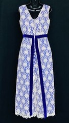 Vintage 1960s purple white lace formal dress, S sleeveless high waist