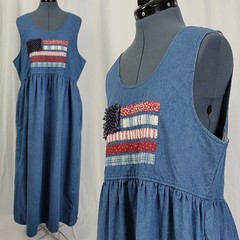 Vintage Susan Bristol Denim Jumper w Applique R/W/B Flag Design Size 14