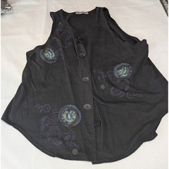 Blue Fish Vest Women One Size Black Good Lagenlook Hand Printed Art To Wear 1997