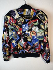 Vintage Patina International Novelty Passport Hotel Stamp Bomber Jacket Large