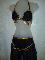 Vintage Belly Dancing Harem Genie Costume Black Chiffon Sequin Gold Coins XS