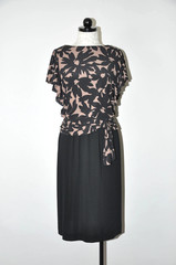 80s Vintage Black Beige Floral Print Back Buttons Draped Midi Dress Women S M