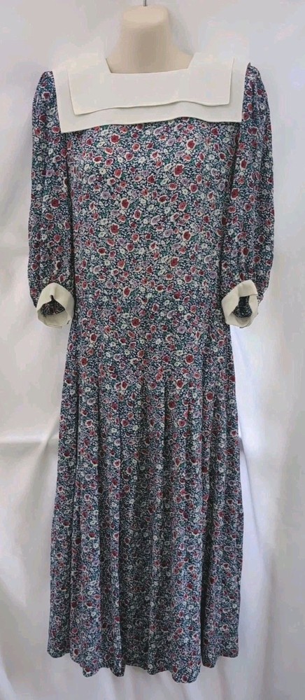 Vintage Jane Schaffhausen Belle France Floral Midi Dress Sz 6 White Collar 80s