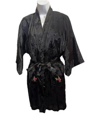 Vintage Golden Bee Black Embroidered Bird And Floral Kimono Satin Robe Large NWT