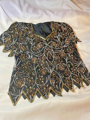 Vtg Laurence Kazar Black Silk Top w Beads & Pearls, sz 14/L ,GUC, C measures