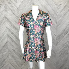 Vintage 70s Dress Womens S/M Floral Mini Short Sleeve V-Neck Collar Retro