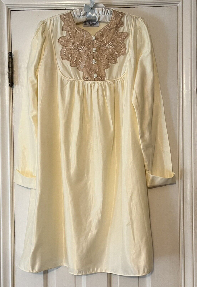 Vintage 1960s Lily of France Butter Yellow Nightgown w/Lace Trim Size Medium