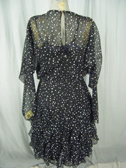 BETSY & ADAM Vtg 70s Sheer Black Polka Dots Batwing Ruffle Dress-Bust 36/2XS-XS