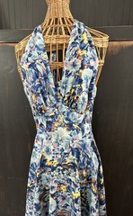 Vintage MAILE BLUE FLORAL DRESS Mid Century 1950s HALTER Fitted MADE in HAWAII