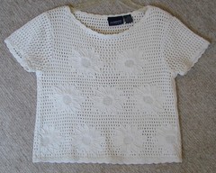 Vintage LIZ CLAIBORNE LIZSPORT S/S White Cotton Crocheted & Knit Top Daisies M/L
