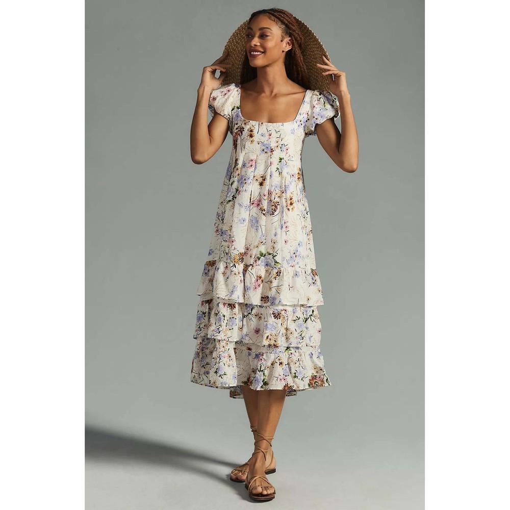 Anthropologie White Lavender Floral Puff Sleeve Tiered Midi Dress S Cottagecore