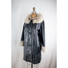 Vintage 70s Black Leather Fox Fur Coat, Mob Wife Luxury Glam Trench, Rocker, S M