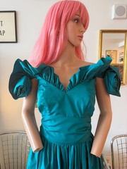 🌹 Vtg 80s Emerald Green Satin Princess Dress Puff Sleeve Rosette Prom Gown S M