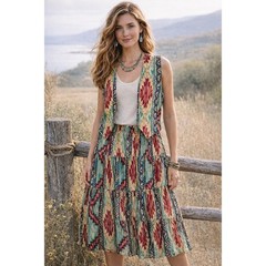 Faz n Denz Dezines Vest Skirt Set Womens L Teal Red Southwestern Cotton Vintage