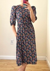 Vintage Jane Schaffhausen Belle France Floral Midi Dress Puff Sleeve Cottagecore