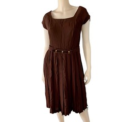 Vintage Pleated Dress Size 14.5 M/L Square Neck Belted Brown FLAWED please read