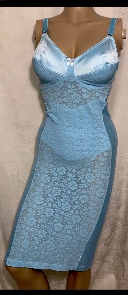38 40 DD Tight Vintage Satin Lace Bra Girdle Full Slip Spandex Shaper