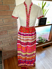 Vintage Unbranded Maxi Dress Psychedelic Mod Retro 60s 70s Floral Green Pink