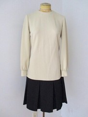 Vtg 60s 70s mod Domani tan black poly knit drop waist Brady dress dolly bird M