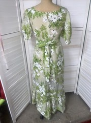 Vintage 60s 70s Handmade Green Floral Maxi Dress Flowy Short Sleeves S/M