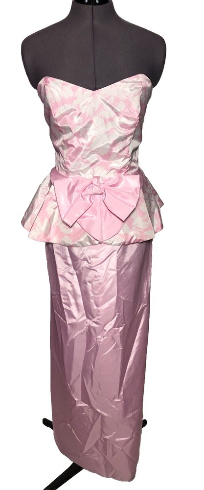 Vintage 80s Strapless Peplum Bow Prom Dress Cottagecore Kawaii 36-28-42