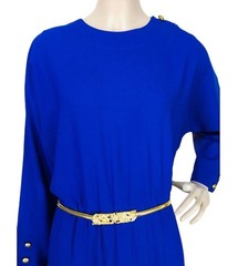 Vintage 80s Liz Claiborne Blue Pleated Gold Buttons Midi Sheath Dress Size 10P