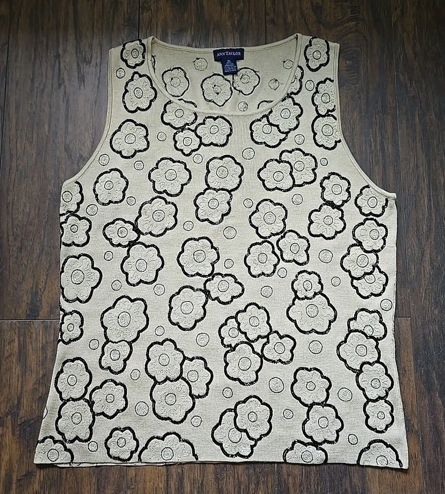 VTG 1990s 2000s MOD ANN TAYLOR Silk embroidered Sleeveless Top Size XL Tan Black