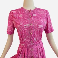 Shelton Stroller Pink Abstract Floral Dress 1950s Vintage 1960s Button Front