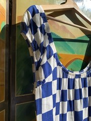 1970’s Checkerboard Print Blue and White Dress
