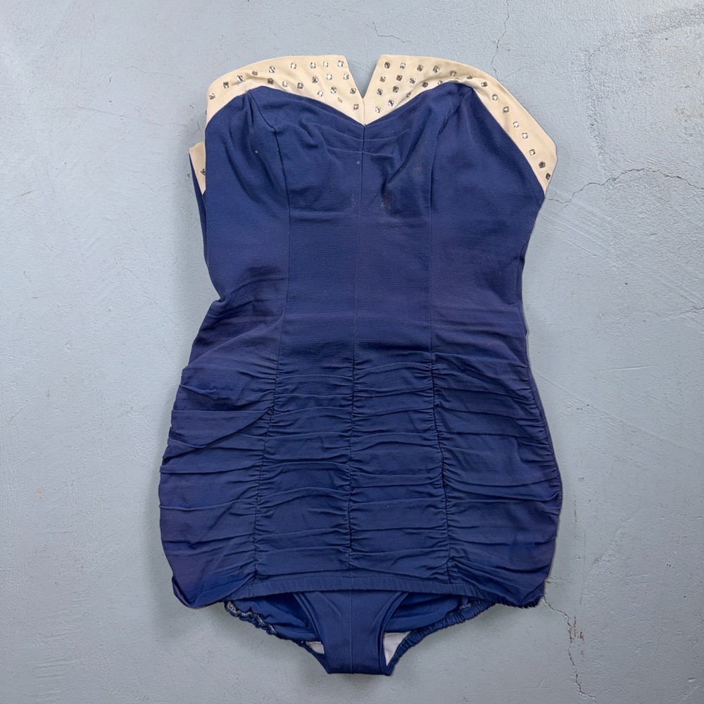 Alix Of Miami Rhinestone 1950s VTG Bathing Suit Swimsuit Hollywood Swim Wear Blu