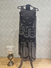 ANTIQUE 1920s FLAPPER DRESS BLACK CHIFFON SILVER BEADWORK ART DECO GOOD CONDITIO