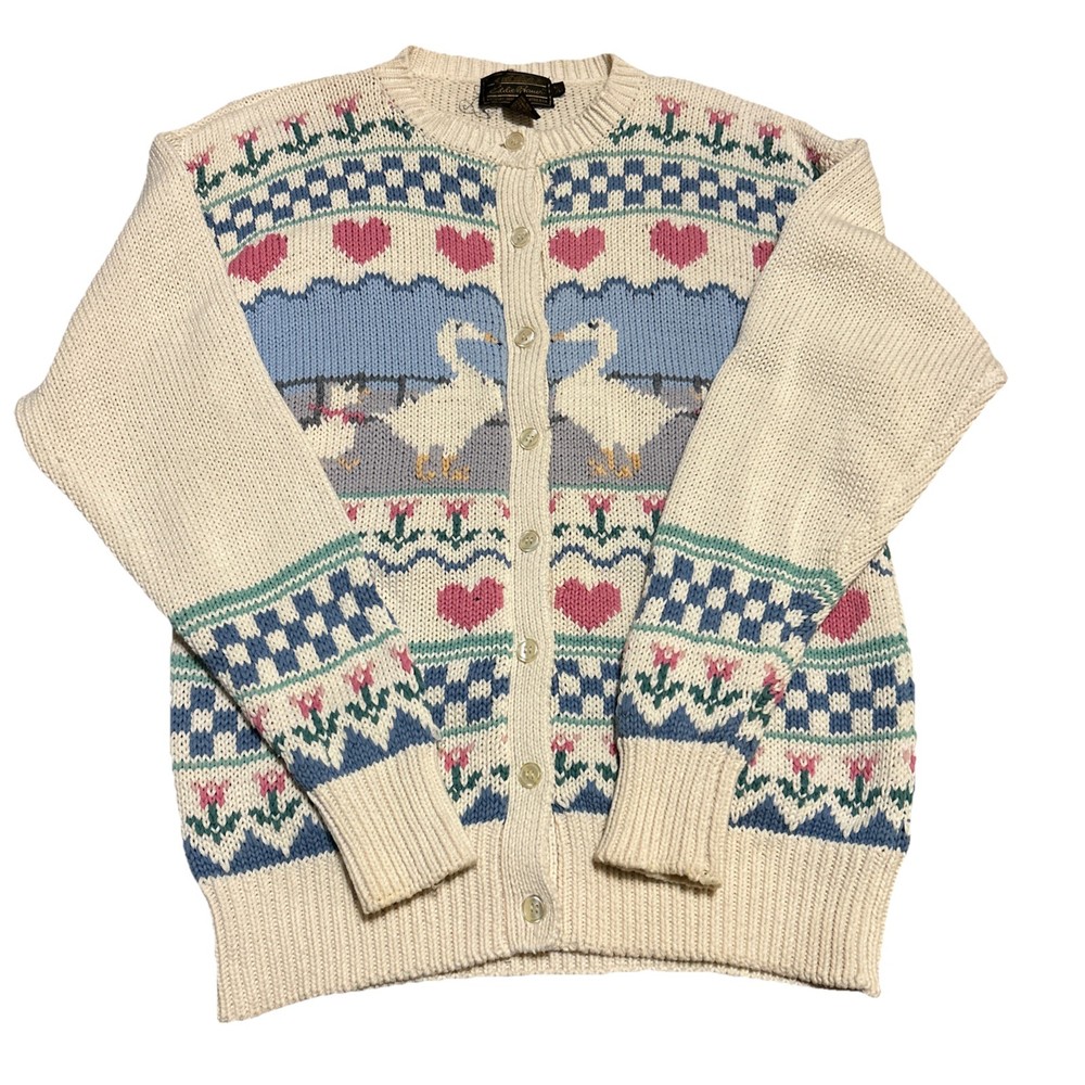 Vintage 90s EDDIE BAUER Sweater Womens Med Duck Hearts Flowers Gramcore Cardigan