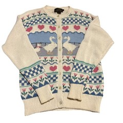 Vintage 90s EDDIE BAUER Sweater Womens Med Duck Hearts Flowers Gramcore Cardigan
