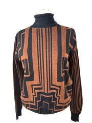 VTG Ackermann Art Deco Sweater Brown Black Geometric Knit Mock Neck Womens Sz 42