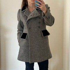 Vintage 60s Mid-Length Velvet Collar Wool-Blend Herringbone Coat