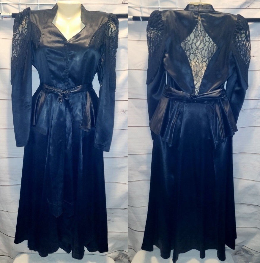 VTG Panhandle Slim Dress Lace Peplum Waist Country Western Fringe Sleeve Satin