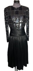 Vtg 80s Black Sequin Satin Formal Dress Disco Evening Gown 36-28-42