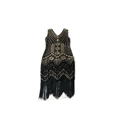 1920s Flapper Style Sequin Fringe Dress Black Gold Size XXL