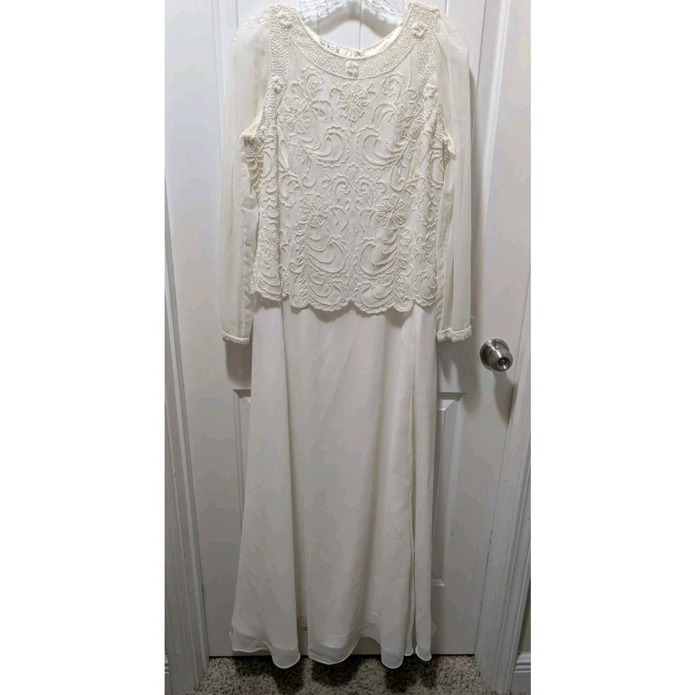 Vintage JKARA Beaded Ivory Lace Beaded Top & Layered Bottom Dress Women’s 10