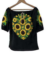 Mexican floral hand embroidery blk sunflower huipil blouse tunic cinco de mayo