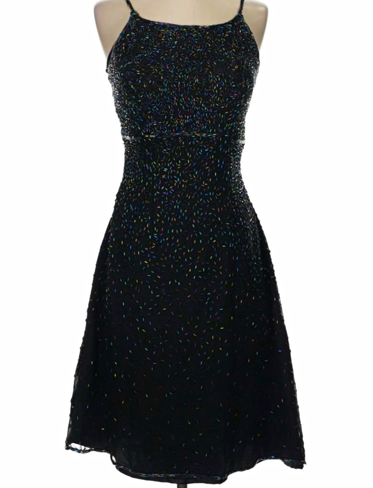 Vintage Scala Black Beaded Spaghetti Strap A-Line Knee Dress Party Size M