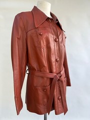 Vintage 70s Leather Jacket Women Burnt Sienna Belted Covered Buttons 4 Pockets L