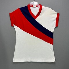 Vintage 70s Womens T Shirt V-Neck Red White Blue S/S Large USA American Gym