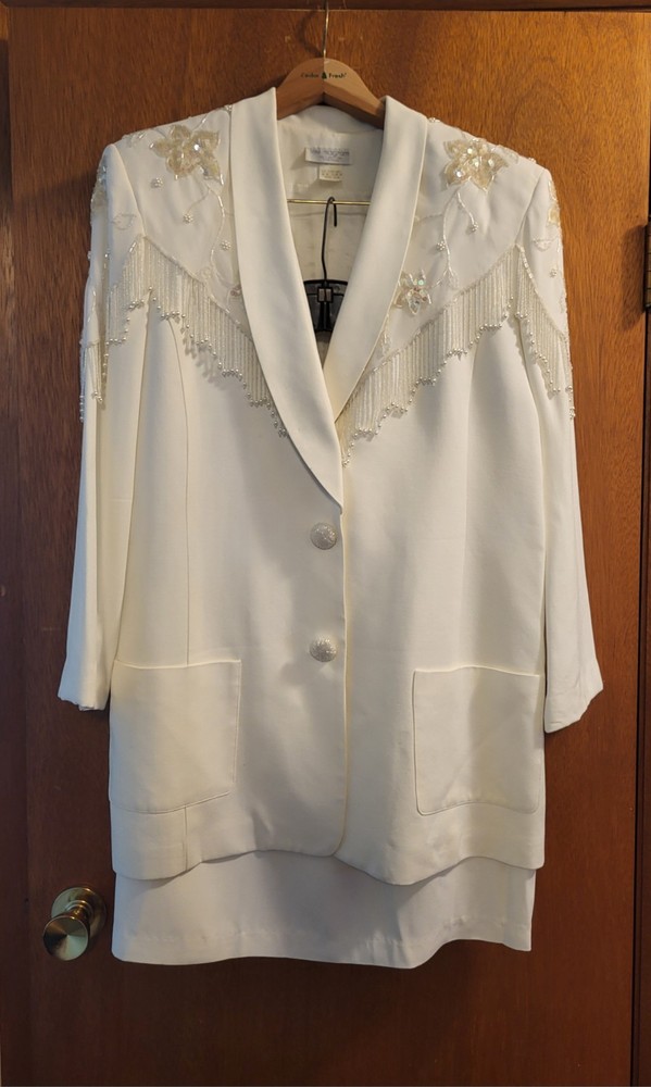 80/90’s Lew Magram Collection NY White Sequin Western Style Suit Blzer Skirt 14