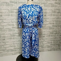 Vintage 80s California Look Blue Rose Belted Dress 8P USA Floral Retro Glam