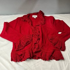 Lisa International Red Boiled Wool Crocheted Ruffle Collar Fringe Sexy Sweater L