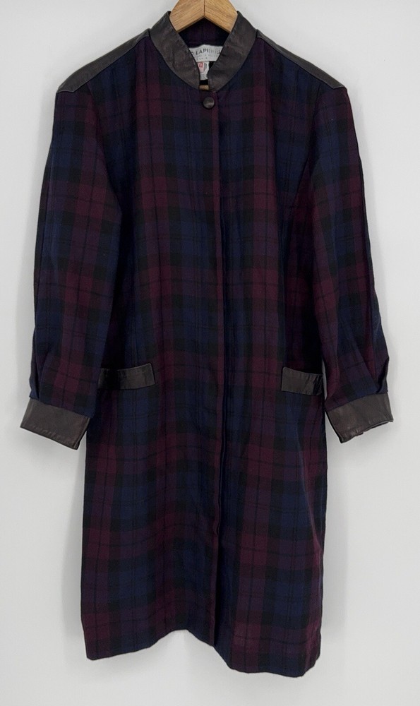 Ted Lapidus Couture Women’s Coat Navy Burgundy Plaid Leather Trim FR 42