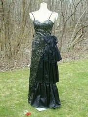 Vtg TD4 ELETRA Formal DRESS Black Satin Sheath Asym Ruffle Tiers S/XS USA Prom