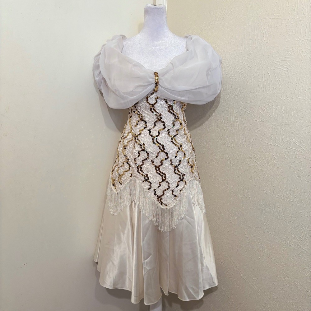 Gioia’s Vintage 80s Sequin Fringe Off Shoulder Puff Sleeve Dress White Gold L