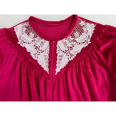 Vintage Velvet Maxi Gown HouseCoat Magenta Pink Lace Trim Grandma Granny Cottage